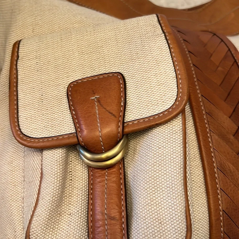 Cole Haan Vintage Stylish Tan Leather Cream Canvas Women's Bag Satchel Weekender